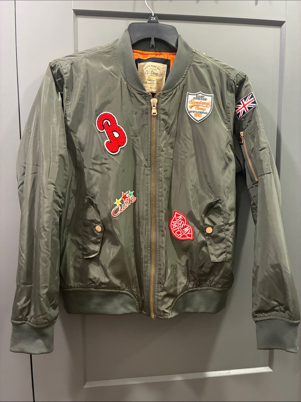 Ci Sono Olive Green Bomber Jacket/ Cute Embroidered Patches